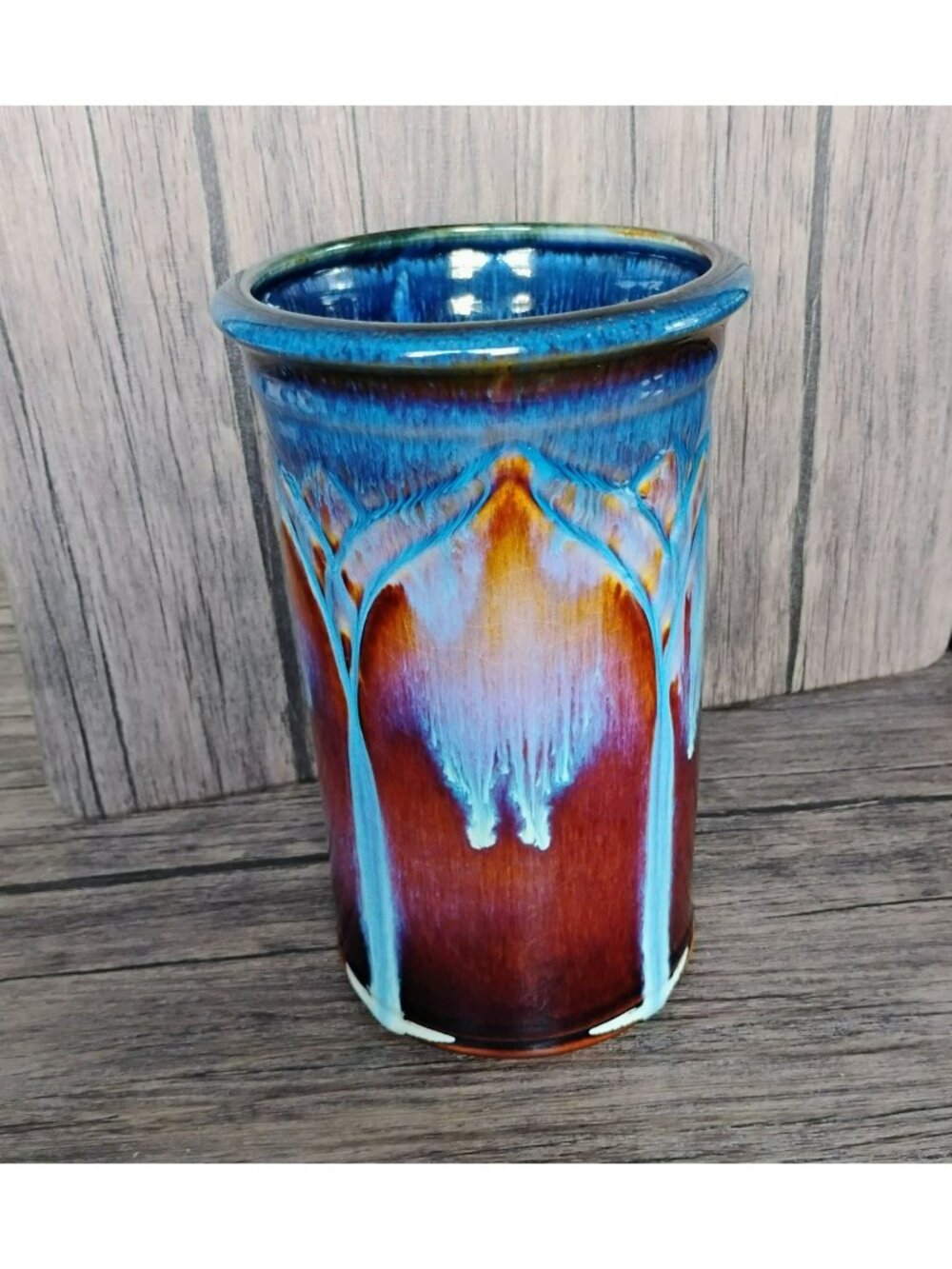 Bill Campbell Lotus Drip Glaze 8.5” Art Pottery Utensil Holder Crock Vase Blue